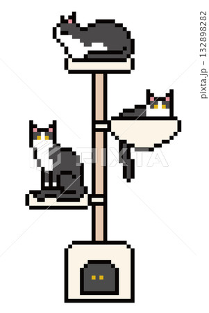 キャットタワーに乗るハチワレ猫のドット絵 132898282