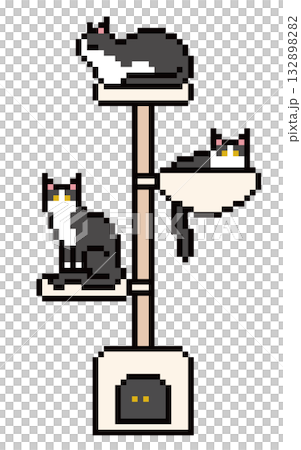 キャットタワーに乗るハチワレ猫のドット絵 132898282