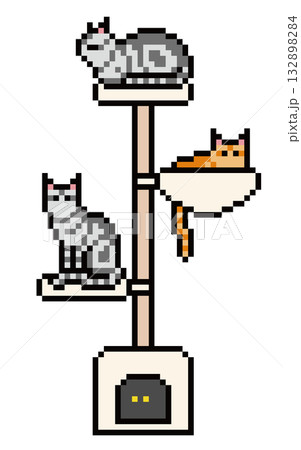 キャットタワーに乗るアメリカンショートヘアのドット絵 132898284