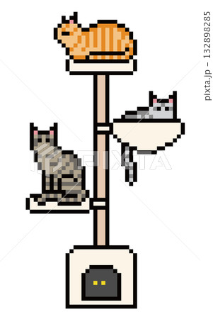キャットタワーに乗る茶トラ・キジトラ・サバトラ猫のドット絵 キャットタワーに乗る茶トラ・キジトラ・サバトラ猫のドット絵 132898285