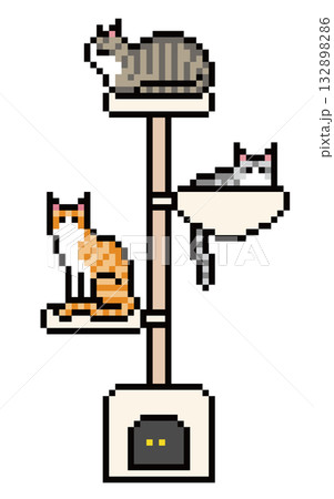キャットタワーに乗る茶白・キジ白・サバ白猫のドット絵 キャットタワーに乗る茶白・キジ白・サバ白猫のドット絵 132898286