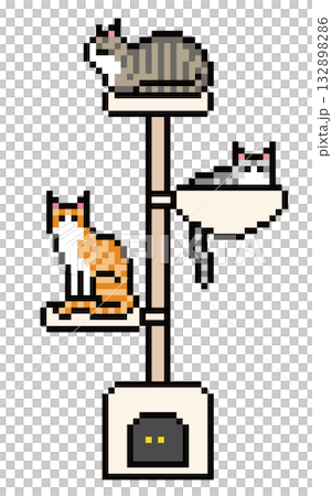 キャットタワーに乗る茶白・キジ白・サバ白猫のドット絵 キャットタワーに乗る茶白・キジ白・サバ白猫のドット絵 132898286