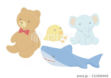 クマとサメとヒヨコとゾウのぬいぐるみのイラスト 132898409