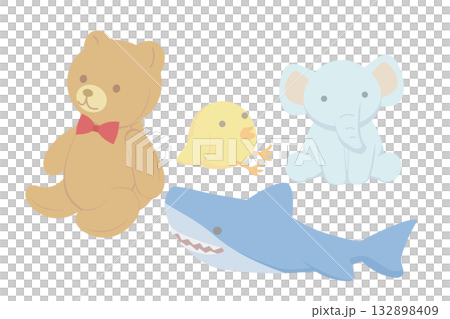 插圖描繪了毛絨熊、鯊魚、小雞和大象 132898409