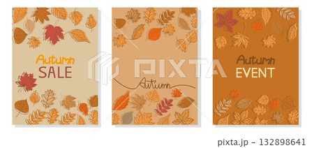 秋のリーフデザインフレームセット、秋の紅葉イラストセット 132898641