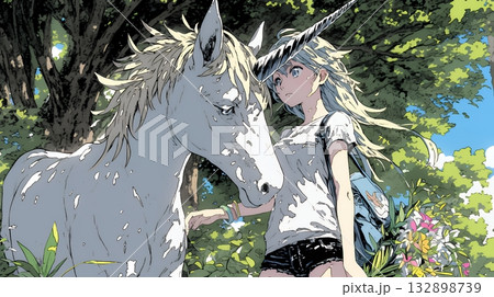 ユニコーンと若い女性