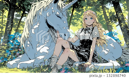 ユニコーンと若い女性