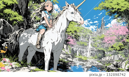 ユニコーンと若い女性