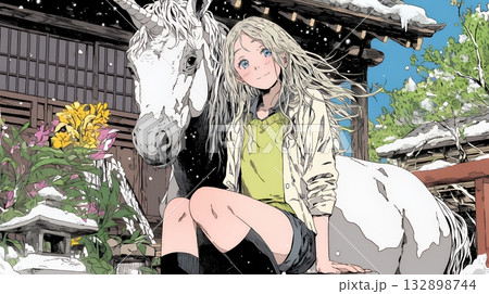 ユニコーンと若い女性