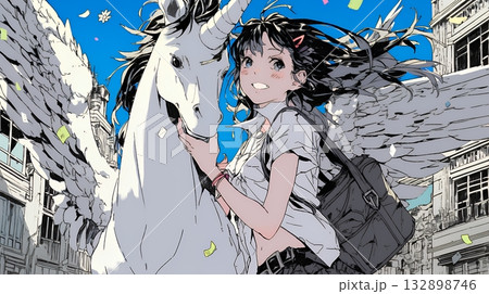 ユニコーンと若い女性 ユニコーンと若い女性 132898746