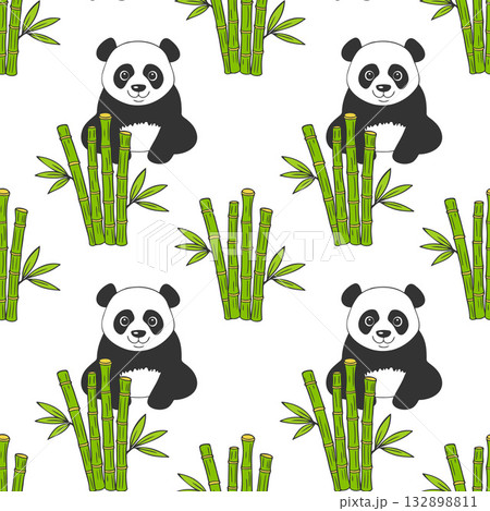 Panda and bamboo shoots, cute pattern with animals and plants on white background. 132898811