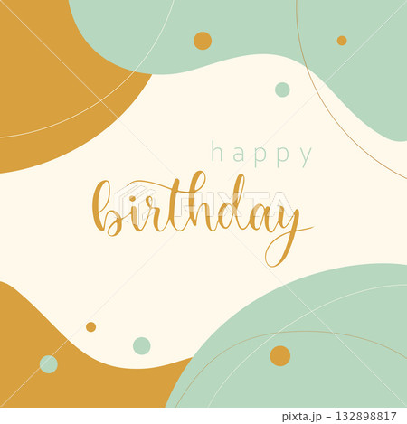 Happy Birthday poster, boho style card with abstract shapes, lines and confetti, pastel soft background. 132898817