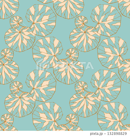 Water lily leaves pattern, stylized drawing of leaves, on light blue background, surface of lake or swamp. Botanical background. Water lily leaves pattern, stylized drawing of leaves, on light blue background, surface of lake or swamp. Botanical background. 132898829