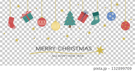 Christmas banner illustration with tree, ornaments, and presents. White background/transparent Christmas banner. 132899709