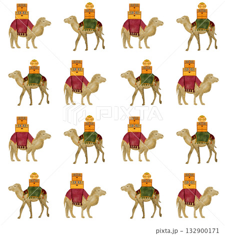 Camel with chests with gifts watercolor seamless pattern isolated on white. Hand painted textile, wrapping paper, posters, decoration for celebration of true Christmas. Cute minimalistic clip art Camel with chests with gifts watercolor seamless pattern isolated on white. Hand painted textile, wrapping paper, posters, decoration for celebration of true Christmas. Cute minimalistic clip art 132900171