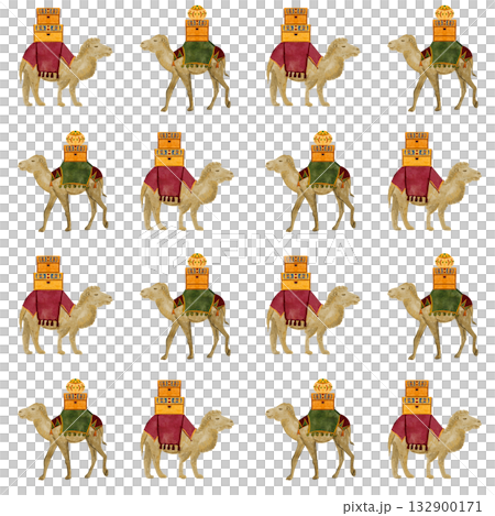 Camel with chests with gifts watercolor seamless pattern isolated on white. Hand painted textile, wrapping paper, posters, decoration for celebration of true Christmas. Cute minimalistic clip art 132900171