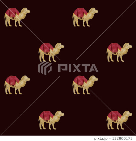Camel with red saddle blanket watercolor seamless pattern on dark background. Hand painted art perfect for textile, wrapping paper, logotype, decoration for celebration of Christmas. Cute clip art 132900173