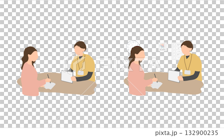 児童発達支援の利用説明を行う支援スタッフと保護者の面談 132900235