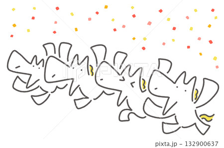 カラフルな紙吹雪と新年をお祝いする白馬達　応援・手描き 132900637