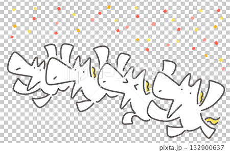 カラフルな紙吹雪と新年をお祝いする白馬達　応援・手描き 132900637