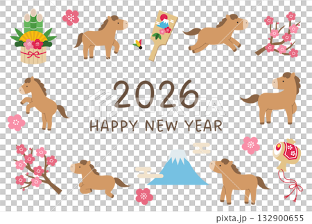 2026年年新年賀卡模板。馬、可愛、吉祥物、向量圖、梅花 2026年年新年賀卡模板。馬、可愛、吉祥物、向量圖、梅花 132900655