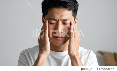 辛そうに手で頭を押さえている若い男性 132900677