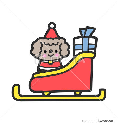 プレゼントがのったソリに乗る可愛いトイプードル プレゼントがのったソリに乗る可愛いトイプードル 132900901