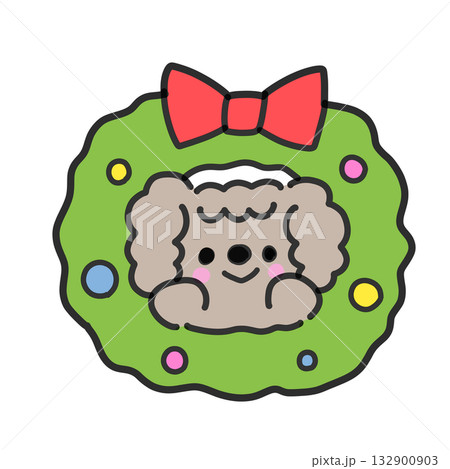 クリスマスリースに入ったかわいいトイプードル クリスマスリースに入ったかわいいトイプードル 132900903