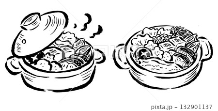 寄せ鍋・ちゃんこ鍋などのオーソドックスな鍋料理　単色線画のみ　筆タッチ手描きイラスト 132901137