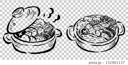 經典火鍋菜餚，例如養瀨鍋和相撲火鍋。僅採用單色線條畫。手繪筆觸插圖。 132901137