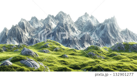 Mountain Range with Green Meadows 132901277