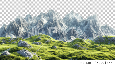 Mountain Range with Green Meadows 132901277