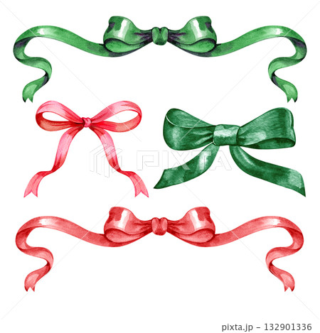 Watercolor collection of red and green Christmas bows and ribbons. Elegant festive clipart for gift wrapping, cards, tags, and seasonal decorations. 132901336