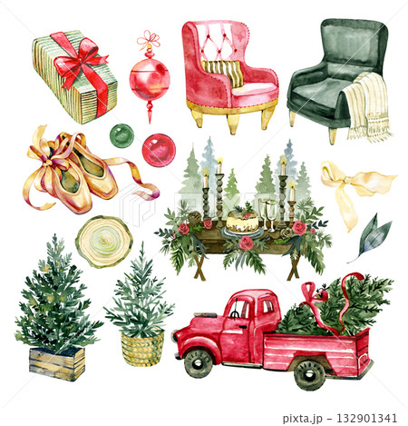 Watercolor Christmas set with red truck, fir trees, gifts, chairs, candles, and festive table. Cozy holiday mood for cards, posters, and home decor designs. 132901341