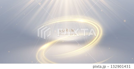 Gold ring overlapping with gold lighting effect sparkling on grey background. Luxury premium scene concept. Gold ring overlapping with gold lighting effect sparkling on grey background. Luxury premium scene concept. 132901431