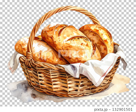 カゴ盛りパンの水彩イラスト 132901501