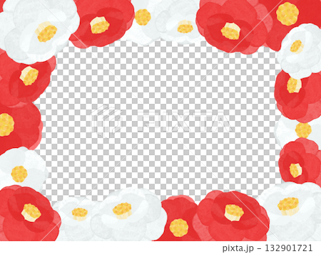 一幅精美的畫框，周圍環繞著手繪的紅白山茶花。 132901721