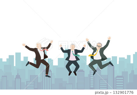 大都会を背景に喜びのジャンプをするおじさん達 132901776