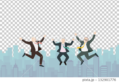 大都会を背景に喜びのジャンプをするおじさん達 132901776