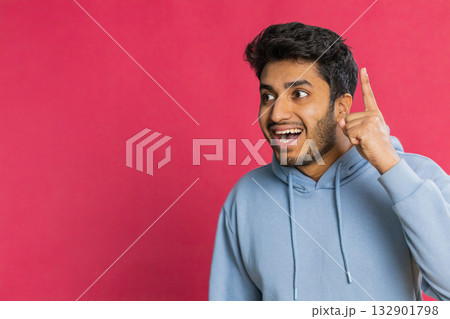 Inspired Indian man having good idea, plan, startup, showing inspiration motivation Eureka gesture Inspired Indian man having good idea, plan, startup, showing inspiration motivation Eureka gesture 132901798