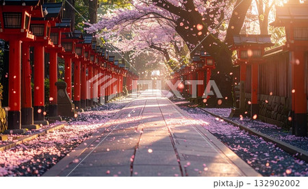 桜吹雪が舞う神社参道の春の朝の日本風景 桜吹雪が舞う神社参道の春の朝の日本風景 132902002