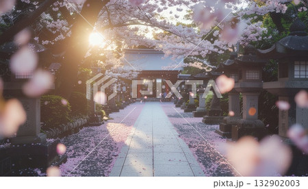 桜吹雪が舞う神社参道の春の朝の日本風景 桜吹雪が舞う神社参道の春の朝の日本風景 132902003