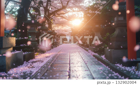桜吹雪が舞う神社参道の春の朝の日本風景 桜吹雪が舞う神社参道の春の朝の日本風景 132902004