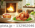 クリスマスの食卓を華やかに彩るローストチキンと冬のディナーシーン 132902046