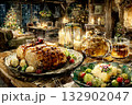 温かな雰囲気のクリスマスディナーの食卓イメージ（ロースト料理・冬の室内） 132902047