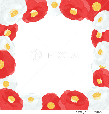 手書きの紅白椿で囲んだ華やかな正方形フレーム 132902200