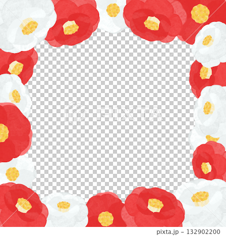 手書きの紅白椿で囲んだ華やかな正方形フレーム 132902200