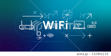 WiFi Wireless Fidelity icons show network devices router laptop and chip representing internet access signal transmission 132902218
