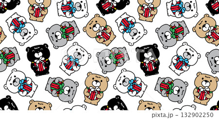 bear polar pattern seamless christmas santa claus hat cartoon gift box teddy vector pet doodle scarf isolated gift wrapping paper tile background repeat wallpaper illustration design 132902250