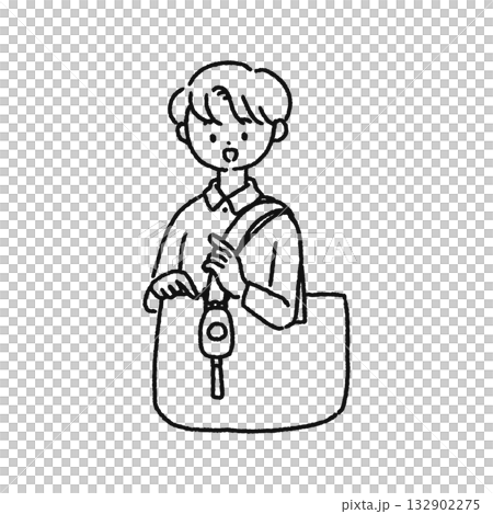 一幅線條畫,畫的是一個男人,他的包包上裝有一個防盜警報器。 一幅線條畫,畫的是一個男人,他的包包上裝有一個防盜警報器。 132902275